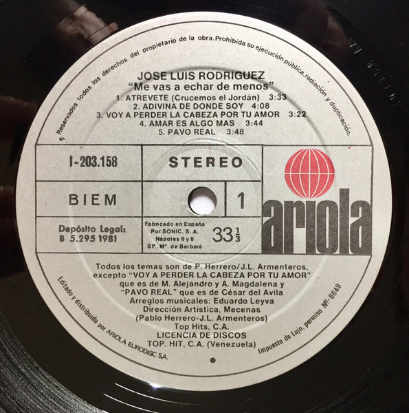 José Luis Rodríguez - Me Vas A Echar De Menos | Ariola (I-203.158) - 4