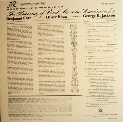 Benjamin Carr , Oliver Shaw , Dr. George K. Jackson - The Flowering Of Vocal Music In America / Vol. 2 | New World Records (NW 231) - 2