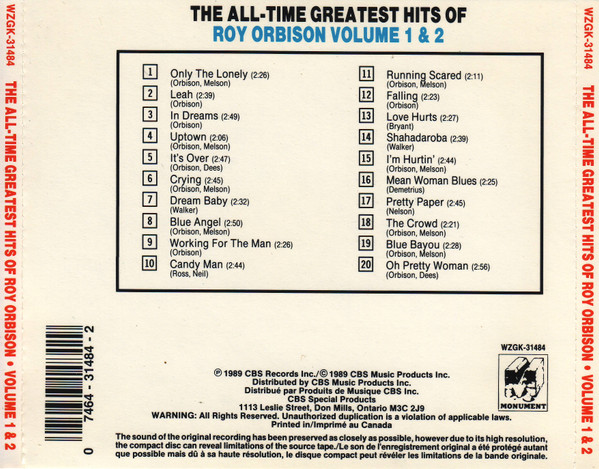 Roy Orbison - The All-Time Greatest Hits Of Roy Orbison Volume 1 & 2 | CBS Associated (WZGK-31484) - 2 Roy Orbison - The All-Time Greatest Hits Of Roy Orbison Volume 1 & 2 | CBS Associated (WZGK-31484) - 2