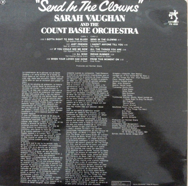 Sarah Vaughan And Count Basie Orchestra - Send In The Clowns | Pablo Records (PN 4026) - 2 Sarah Vaughan And Count Basie Orchestra - Send In The Clowns | Pablo Records (PN 4026) - 2