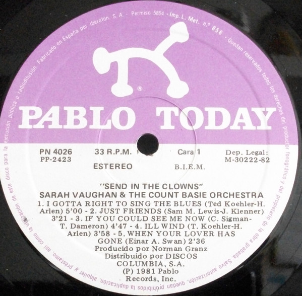 Sarah Vaughan And Count Basie Orchestra - Send In The Clowns | Pablo Records (PN 4026) - 3 Sarah Vaughan And Count Basie Orchestra - Send In The Clowns | Pablo Records (PN 4026) - 3
