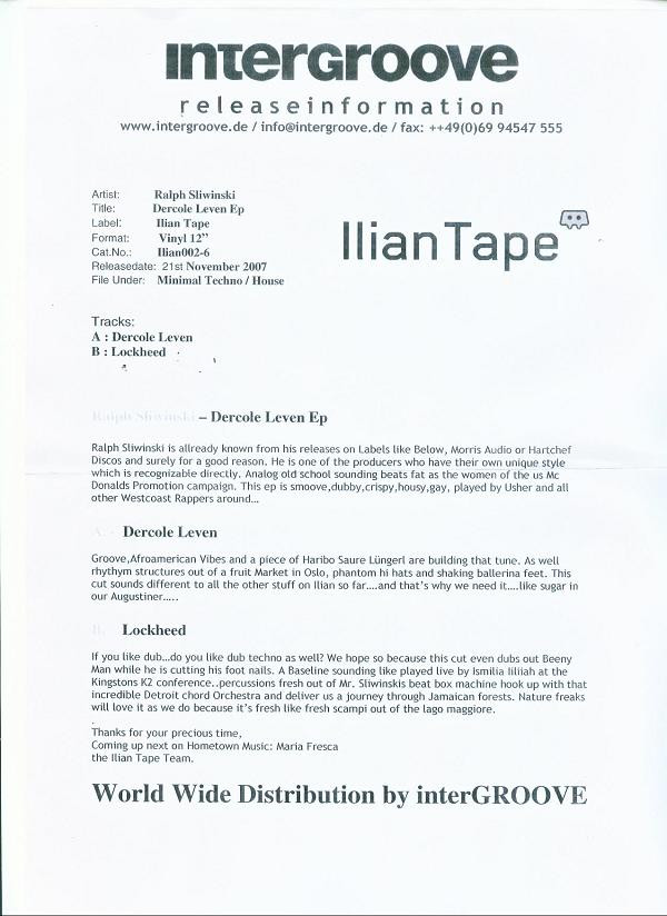 Ralph Sliwinski - Dercole Leven EP | Ilian Tape (ILIAN002-6)