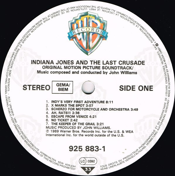 John Williams - Indiana Jones And The Last Crusade (Original Motion Picture Soundtrack) | Warner Bros. Records (925 883-1) - 3