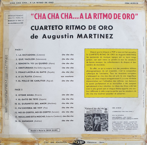 Cuarteto Ritmo De Oro De Augustin Martinez - Cha Cha Cha... A La Ritmo De Oro | Disques Pop (CBM 60 059-30) - 2 Cuarteto Ritmo De Oro De Augustin Martinez - Cha Cha Cha... A La Ritmo De Oro | Disques Pop (CBM 60 059-30) - 2
