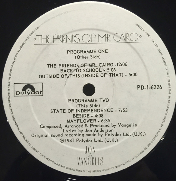 Jon & Vangelis - The Friends Of Mr Cairo | Polydor (PD-1-6326) - 3