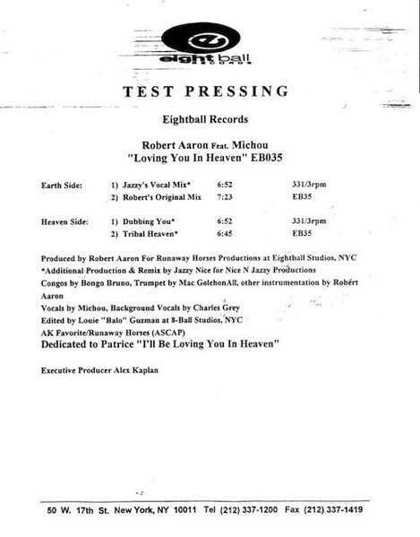 Robert Aaron Featuring Michou - Loving You In Heaven | Eightball Records (EB 035) - main
