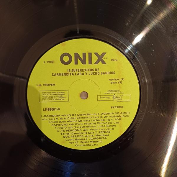 Carmencita Lara y Lucho Barrios - 16 Superexitos | Onix (LP-69061) - 4 Carmencita Lara y Lucho Barrios - 16 Superexitos | Onix (LP-69061) - 4