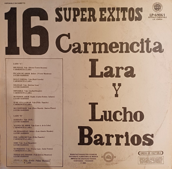 Carmencita Lara y Lucho Barrios - 16 Superexitos | Onix (LP-69061) - 2 Carmencita Lara y Lucho Barrios - 16 Superexitos | Onix (LP-69061) - 2