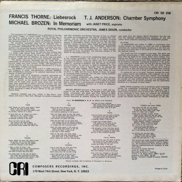 Francis Thorne / T.J. Anderson / Michael Brozen - Royal Philharmonic Orchestra , James Dixon - Liebesrock / Chamber Symphony / In Memoriam | Composers Recordings Inc. (CRI) (CRI SD 258) - 2
