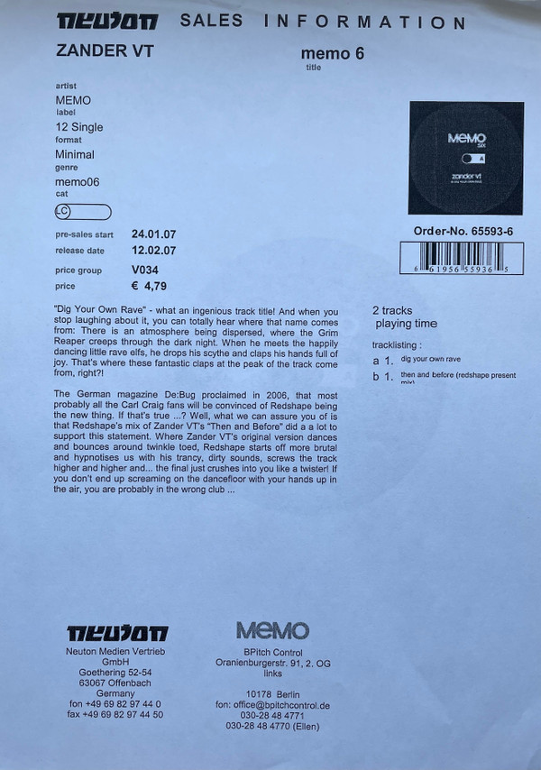 Zander VT - Dig Your Own Rave | Memo (MEMO six) - 3