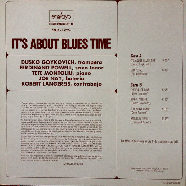 Dusko Goykovich , Ferdinand Povel , Tete Montoliu , Joe Nay , Rob Langereis - It's About Blues Time | Ensayo (ENY-48) - 2 Dusko Goykovich , Ferdinand Povel , Tete Montoliu , Joe Nay , Rob Langereis - It's About Blues Time | Ensayo (ENY-48) - 2
