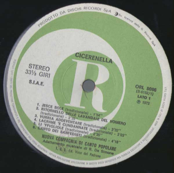 Nuova Compagnia Di Canto Popolare - "Cicerenella " | Ricordi (ORL 8086) - 3