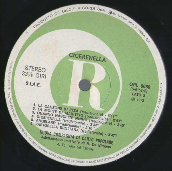 Nuova Compagnia Di Canto Popolare - "Cicerenella " | Ricordi (ORL 8086) - 4