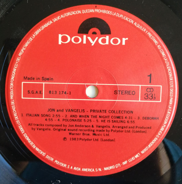 Jon & Vangelis - Private Collection | Polydor (813 174-1) - 3