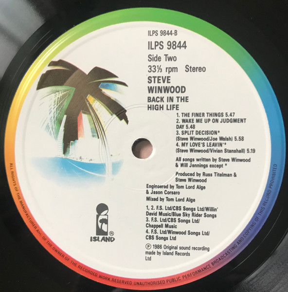 Steve Winwood - Back In The High Life | Island Records (ILPS 9844) - 4