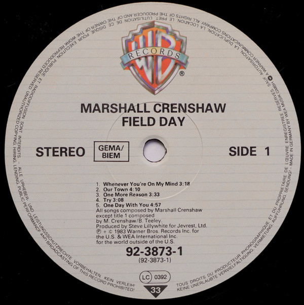 Marshall Crenshaw - Field Day | Warner Bros. Records (92-3873-1)