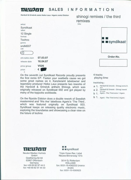 Grindvik & Hardcell / Agaric - Shinogi / The Third Remixes | Syndikaat Records (sndkt007)