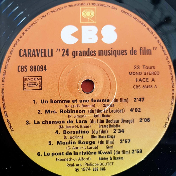 Caravelli - 24 Grandes Musiques De Films | CBS (CBS 88094) - 2