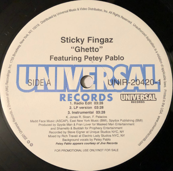 Sticky Fingaz Feat. Petey Pablo & Columbo The Shining Star - Ghetto / Licken Off In Hip-Hop | Universal Records (UNIR-20420-1)