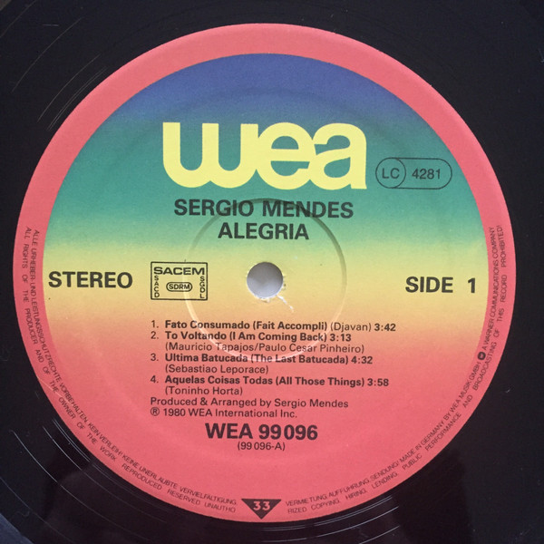 Sérgio Mendes - Alegria | WEA (WEA 99 096) - 3