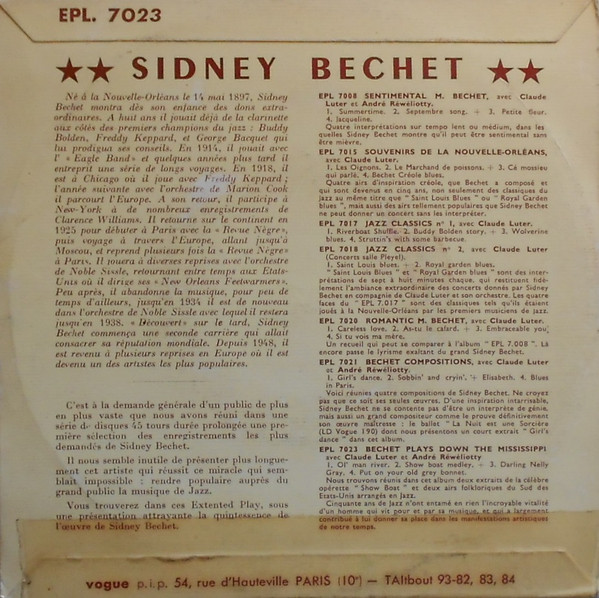 Sidney Bechet , Claude Luter Et Son Orchestre - Bechet Plays Down The Mississippi | Vogue (EPL. 7023) - 2