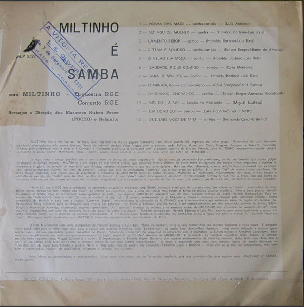 Miltinho - Miltinho É Samba | RGE (XRLP 5.127) - 2 Miltinho - Miltinho É Samba | RGE (XRLP 5.127) - 2