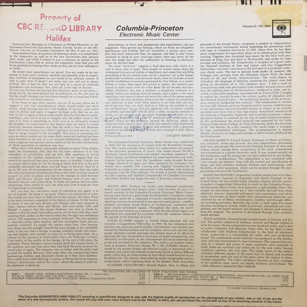 Various - Columbia-Princeton Electronic Music Center | Columbia Masterworks (ML 5966)