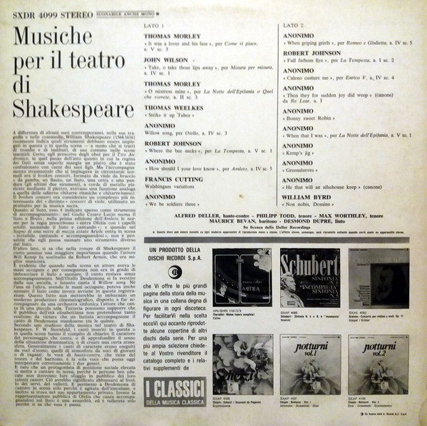 Alfred Deller , Deller Consort , Desmond Dupré - Musiche Per Il Teatro Di Shakespeare | Dischi Ricordi S.p.A. (SXDR 4099) - 2