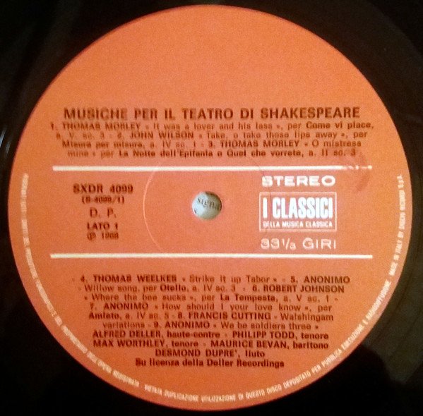 Alfred Deller , Deller Consort , Desmond Dupré - Musiche Per Il Teatro Di Shakespeare | Dischi Ricordi S.p.A. (SXDR 4099) - 3
