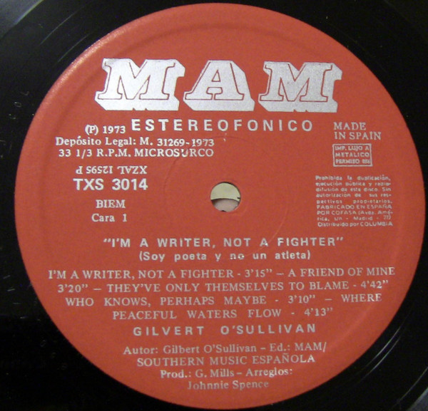 Gilbert O'Sullivan - I'm A Writer, Not A Fighter (Soy Un Poeta Y No Un Atleta) | MAM (TXS 3014) - 3