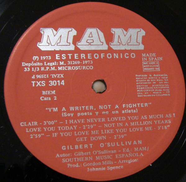 Gilbert O'Sullivan - I'm A Writer, Not A Fighter (Soy Un Poeta Y No Un Atleta) | MAM (TXS 3014) - 4