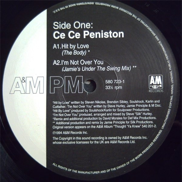 Ce Ce Peniston - Hit By Love (The Body) / I'm Not Over You | A&M Records (580 723-1) - 3