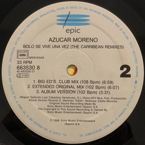 Azucar Moreno - Solo Se Vive Una Vez (The Mediterranean And Caribbean Remixes) | Epic (EPC 663530 8) - 4 Azucar Moreno - Solo Se Vive Una Vez (The Mediterranean And Caribbean Remixes) | Epic (EPC 663530 8) - 4