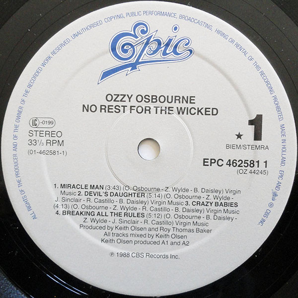Ozzy Osbourne - No Rest For The Wicked | Epic (EPC 462581 1) - 3 Ozzy Osbourne - No Rest For The Wicked | Epic (EPC 462581 1) - 3