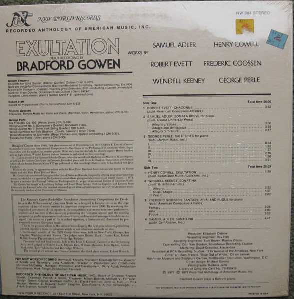 Bradford Gowen , Henry Cowell , George Perle , Samuel Adler , Robert Evett , Frederic Goossen , Wendell Keeney - Exultation | New World Records (NW 304) - 2 Bradford Gowen , Henry Cowell , George Perle , Samuel Adler , Robert Evett , Frederic Goossen , Wendell Keeney - Exultation | New World Records (NW 304) - 2