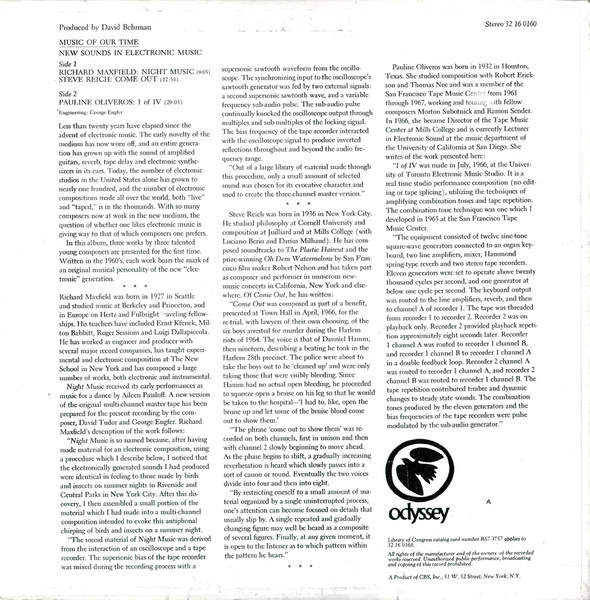 Steve Reich / Richard Maxfield / Pauline Oliveros - New Sounds In Electronic Music (Come Out / Night Music / I Of IV) | Odyssey (32 16 0160) - 2