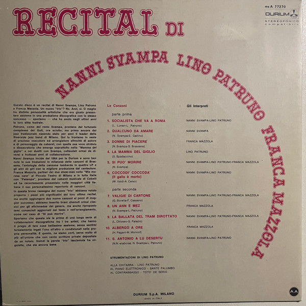 Nanni Svampa , Lino Patruno , Franca Mazzola - Recital Di Nanni Svampa Lino Patruno Franca Mazzola | Durium (ms A 77270) - 2 Nanni Svampa , Lino Patruno , Franca Mazzola - Recital Di Nanni Svampa Lino Patruno Franca Mazzola | Durium (ms A 77270) - 2