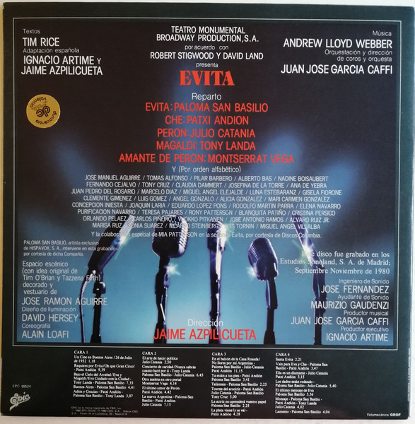 Andrew Lloyd Webber , Tim Rice - Paloma San Basilio / Patxi Andión / Julio Catania / Tony Landa , Dirección Jaime Azpilicueta - Evita (Version Original En Español) | Epic (EPC-88524) - 4
