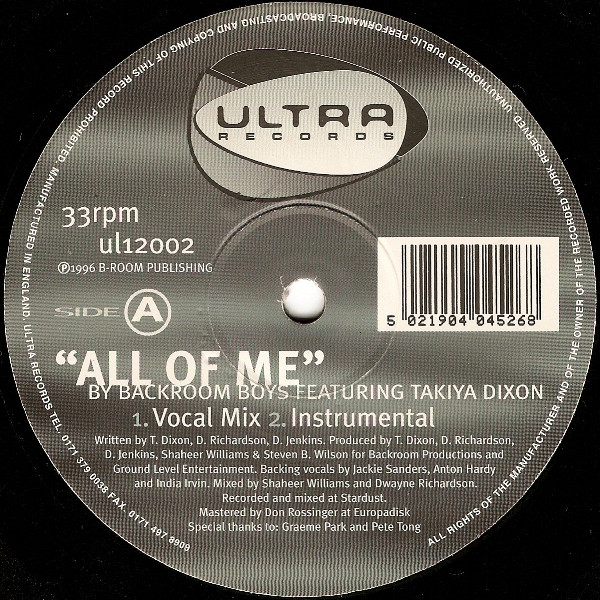 Backroom Boys Featuring Takiya Dixon - All Of Me | Ultra Records (ul12002) Backroom Boys Featuring Takiya Dixon - All Of Me | Ultra Records (ul12002)