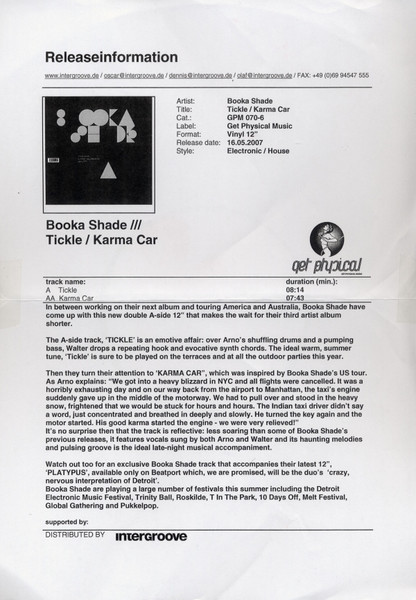 Booka Shade - Tickle / Karma Car | Get Physical Music (GPM 070-6) - main