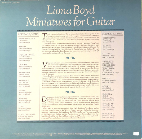 Liona Boyd - Miniatures For Guitar | CBS Masterworks (M 36732) - 2