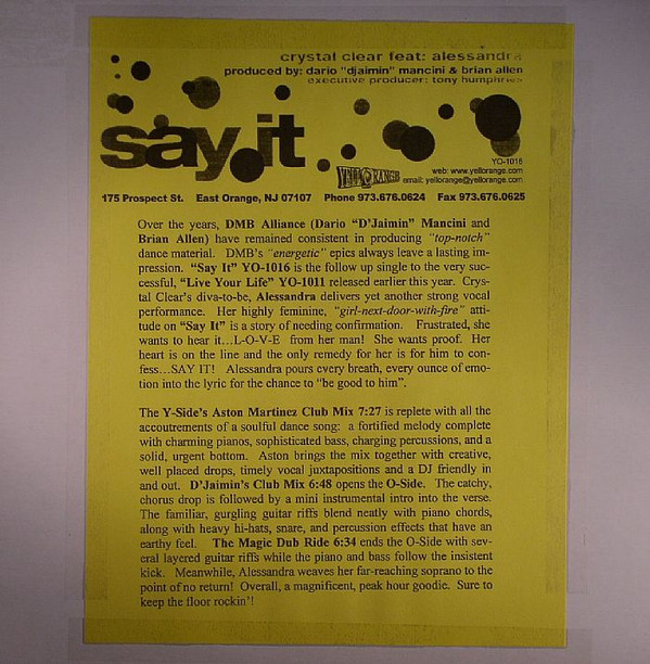 Crystal Clear Featuring Alessandra - Say It | Yellorange (YO - 1016) - 3 Crystal Clear Featuring Alessandra - Say It | Yellorange (YO - 1016) - 3