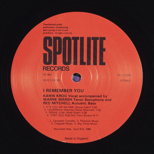 Karin Krog / Warne Marsh / Red Mitchell - I Remember You... | Spotlite Records (SPJLP22) - 2