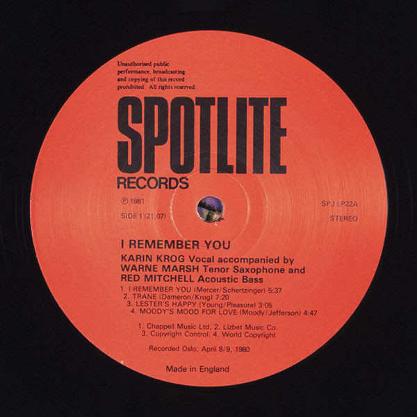 Karin Krog / Warne Marsh / Red Mitchell - I Remember You... | Spotlite Records (SPJLP22) - main