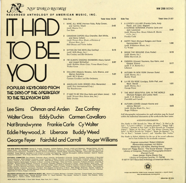 Various - It Had To Be You: Popular Keyboard From The Days Of The Speakeasy To The Television Era | New World Records (NW 298) - 2
