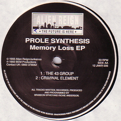 Prole Synthesis - Memory Loss EP | Alien Reign (12 JNKR 006) - 2 Prole Synthesis - Memory Loss EP | Alien Reign (12 JNKR 006) - 2