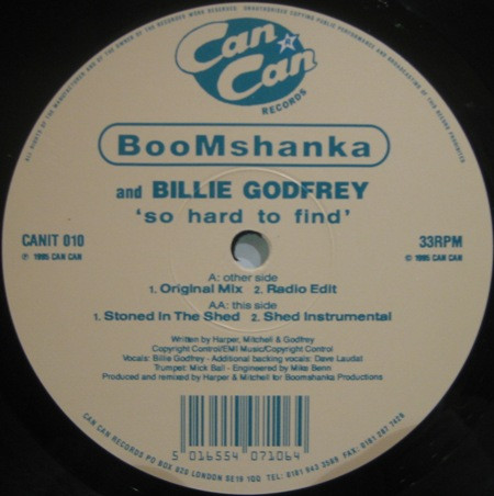 Boomshanka And Billie Godfrey - So Hard To Find | Cancan (CANIT 010) - main Boomshanka And Billie Godfrey - So Hard To Find | Cancan (CANIT 010) - main
