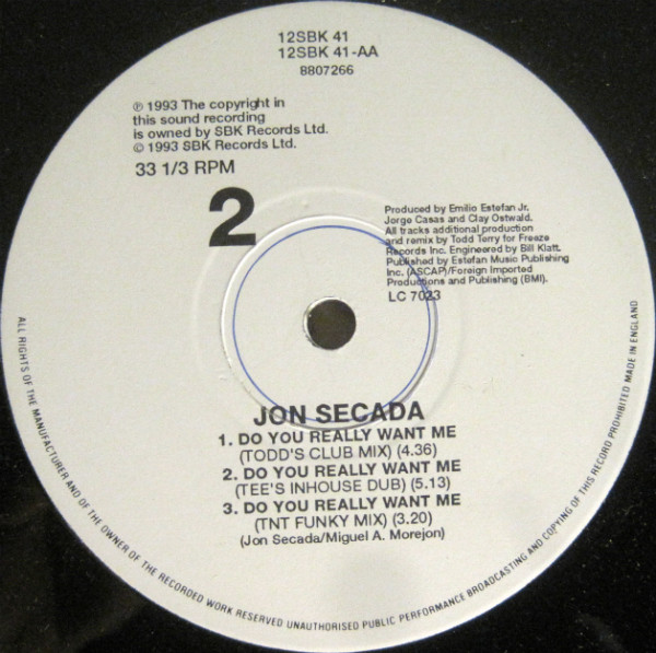 Jon Secada - Do You Really Want Me (Todd Terry & West End Mixes) | SBK Records (12SBK 41) - 2