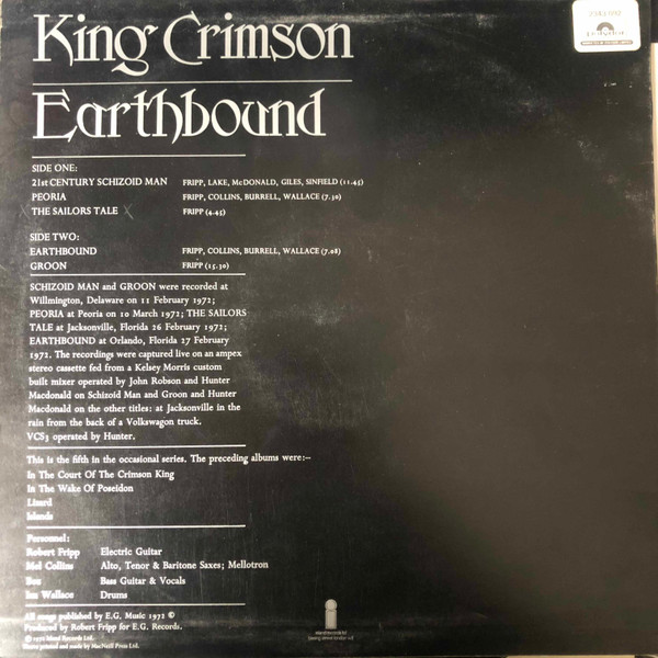 King Crimson - Earthbound | Island Records (HELP 6) - 2