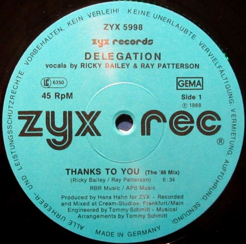 Delegation - Thanks To You (The '88 Mix) | ZYX Records (ZYX 5998) - 3